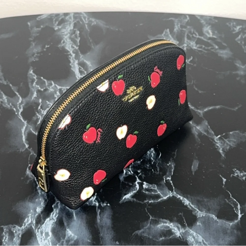 Coach Black Red Cosmetic Leather Bag Clutch Case with Red Apple Print AUTHENTIC